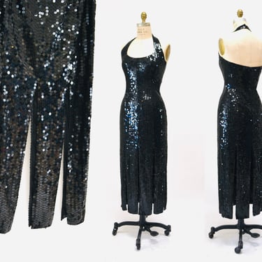 90s Vintage Black Sequin Party Dress Black Knit Stretch Sequin Halter neck Dress Fringe Showgirl Club Dress Small Medium Sleeveless Dress 