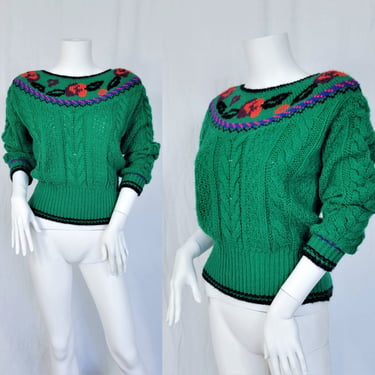 1980's Green Floral Print Chunky Cable Knit Sweater I Sz Med I Liz Claiborne 