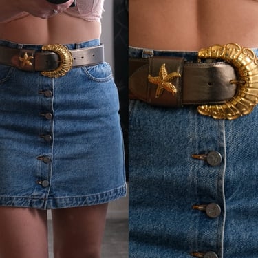 Vintage 80s Metallic Bronze Leather & Chunky Buckle Adjustable Belt w/ Gold Metal Starfish | 100% Genuine Leather | 1980s Designer Boho Belt 