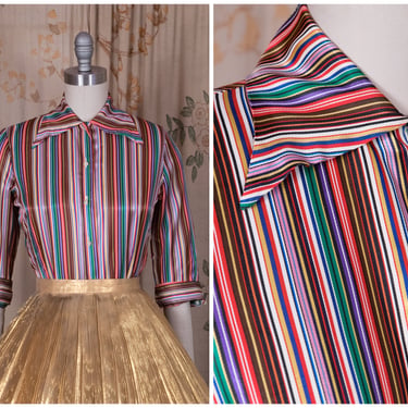1950s Blouse - Satin Ribbon Candy Striped Vintage 50s Multicolor Blouse with Wide Cuffs 