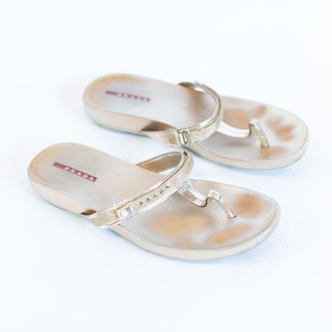Vintage PRADA Gold Metallic T Strap Monogram Flatform Sandals Adjustable Leather 39 8.5 Minimal Linea Rossa Y2K Flip Flops 