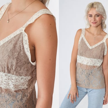Floral Lace Tank Top Y2K Camisole Sheer Cocoa Brown White Sleeveless Cami Empire Waist Boho Lingerie Shirt Vintage Vanity Fair 00s Medium M 