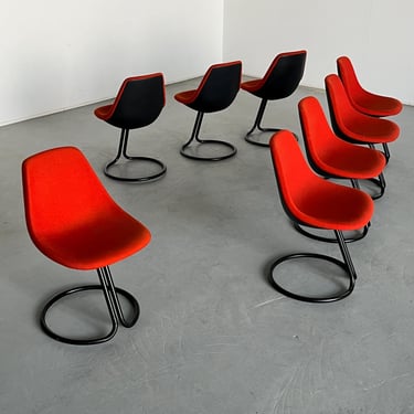 1 of 8 Vintage Postmodern Cantilever Dining Chairs by Giotto Stoppino in Red Fabric, Black Polyurethane and Metal, 1980s Italy 