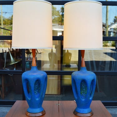 Pair of Blue & Green Textured Ceramic Lamps w/ Walnut & Vintage Shades