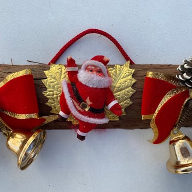 Vintage Dancing Santa Door Bells, Wood Christmas Santa Door Decor, Holiday Door Decor, Yule log, Santa Claus 
