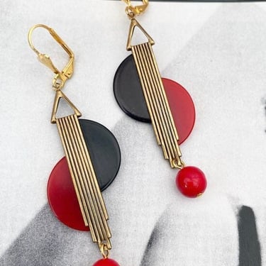 Art Deco earrings vintage Red & black bakelite chrome earrings modernist jazz age art deco earrings bakelite earrings by BakeliteBa