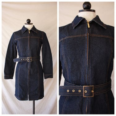 Y2K does 70s Long Sleeve Dark Denim Dress Jacket Zip Front Size XS / S 