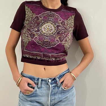 Y2K Etro cropped sweater / vintage Etro baroque silk scarf panel front merino wool short sleeve crop top sweater | Small 