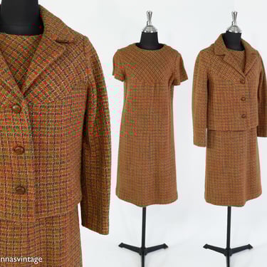 1960s Orange & Brown Houndstooth Dress Coat | 60s Brown Plaid Wool Tweed Dress Set | Medium 