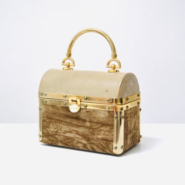 60s Vintage Rosenfeld Box Bag Purse Tan Leather crushed velvet Gold Metallic Box Handbag Purse Wedding Bag 