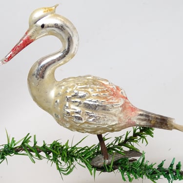 Antique White Glass Crane Bird Christmas Tree Clip On Ornament with Spun Glass Tail, Vintage Hand Blown Bird 