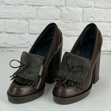 Brunello Cucinelli Monili-Kiltie Leather Loafer Pumps, Size 36.5, Brown