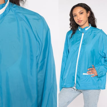 Bright Blue Windbreaker Jacket 80s Blue Jacket Plain Snap Up Retro Swishy Jacket Nylon Vintage Sportswear Lightweight Shell Extra Large XL 