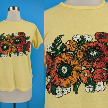 Vintage 70s Yellow Short Sleeve Baby Tee with Screen Printed Poppies - Seventies Flower Print T-shirt California Poppies - Small 