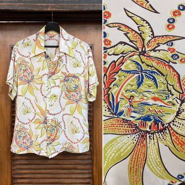 Vintage 1940’s Hula Girl Cartoon Tropical Rayon Hawaiian Shirt, 40’s Loop Collar Shirt, 40’s Floral Pattern, Vintage Clothing 