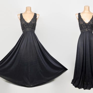 VINTAGE 80s Shadowline Black Nylon & Stretch Lace Full 156" Sweep Nightgown | Stretch Bodice Olga Style | Large/XL vfg 