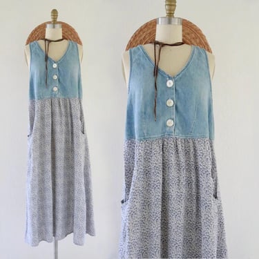 denim + micro floral overall dress - m - vintage 90s y2k blue jean size medium sleeveless cute cottage casual comfortable maxi dress 