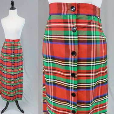 60s 70s Plaid Taffeta Maxi Skirt - Red Green Blue Black Yellow - Jilly by Judy Bond - Vintage 1960s 1970s - 29