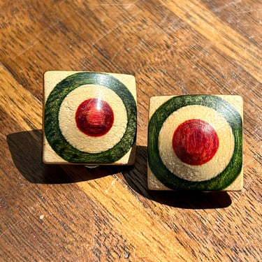 Vintage Han Painted Wooden Clip On Earrings 1930s 1940s Retro Jewelry 