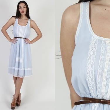 1970s Country Romantic Mini Dress, 70's Sheer Floral Lace Baby Blue Dress, Vintage Prairie Bridesmaids Short Outfit S M 