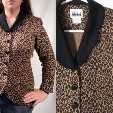 Vintage 80s/90s Plus Size Leopard Print Blazer Jacket With Scalloped Collar And Cutaway Hem Made In USA Size 14P XL/L 