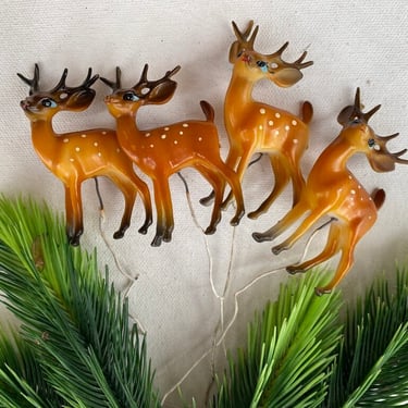 Vintage Plastic Deer Picks, Christmas Floral Arrangements, Set Of 4, Blue Eyed Brown Spotted Deer, Bucks, Craft Supplies, Wreath Making 