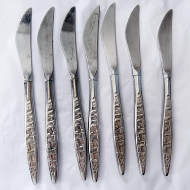 Lot 7 MCM Lyon Cortez Aztec Stainless Steel Flatware Cubist Dinner Knives Vintage 1950's, 1960's Set Butter Knife Silverware Mid Century 