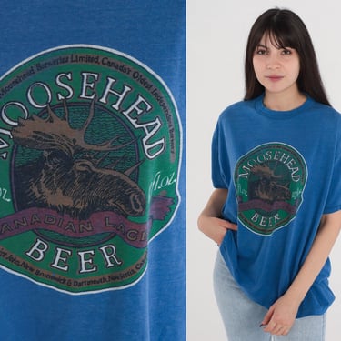 Moosehead Beer Shirt 90s Canadian Lager T-Shirt Canada Alcohol Graphic Tee Drinking Tshirt Single Stitch Blue Vintage 1990s Mens Large L 