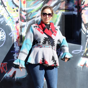 Peplum Jacket, Vintage 1990s Rhonda Stark, XL Women, Boho Cowgirl, multicolor Aztec pattern fleece 