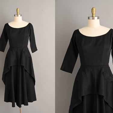 vintage 1950s Dress | Mr. Sidney Black Grosgrain Classic Cocktail Party Dress | Small 