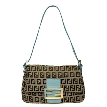 Fendi Mini Brown + Baby Blue Logo Baguette Bag