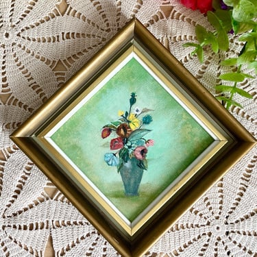 Petite Painting, Floral Oil Painting, Framed, Small, 70s 80s Original Art 