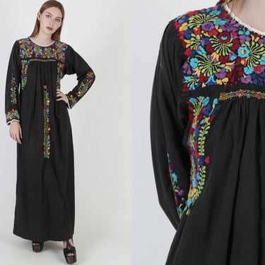 Long Sleeve Oaxacan Dress, Black Cotton Mexican Dress, Vintage Womens Hand Embroidered Maxi, Dia De Los Muertos Style Long Dress 