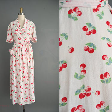 vintage 1950s dress | Cherry Print Pink Cotton Robe Wrap Dress | Medium Large 