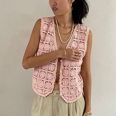 80s crochet sweater vest / vintage blush pink sheer granny square crochet vest waistcoat sleeveless sweater | Medium 
