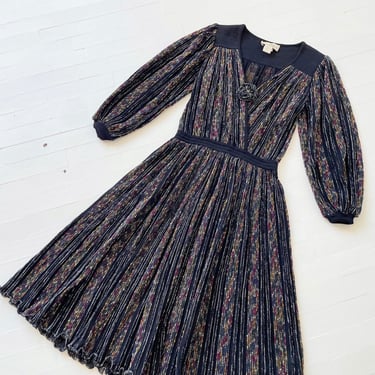 1970s Metallic Striped Black Wool + Silk Dress with Corsage 