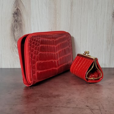Leather Wallet and Coin Purse Red Croc Embossed Retta Wolff 