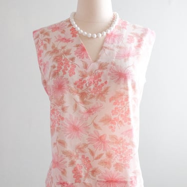 Perfect 1960's Spring Flowers Pink Cotton Blouse / Sz M