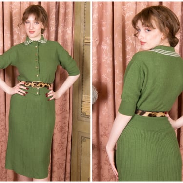 1950s Sweater Set - Vintage 50s Moss Green Wool Knit 50s Dolman Sleeve Cardigan and Skirt Set by Toby Berman 