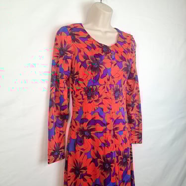 Vintage 60s / 70s Orange Tropical Floral Empire Dress 