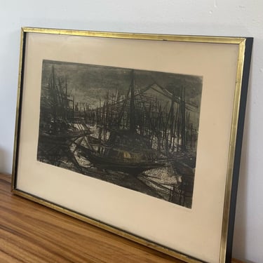 Free Shipping Within Continental US - Vintage Signed and Framed Etching Print by Suzanne Rauacher of Abstract sailboat 