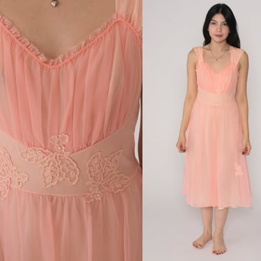 70s Nightgown Pink Slip Dress Floral Lace Applique Pearl Beaded Lingerie Nightie Midi High Waisted Sleeveless Filmy Vintage 1970s Small S 34 