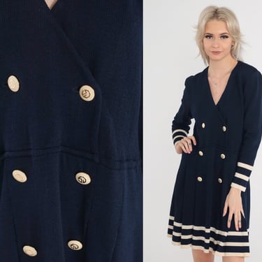 80s Nautical Dress Navy Blue Sailor Dress Double Breasted Knit Pleated High Waisted Long Sleeve Mini Striped Dress Vintage Button up Small 4 
