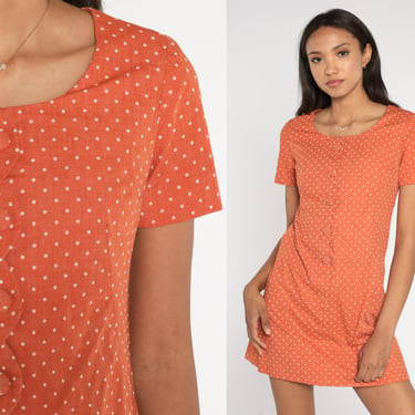 Orange Polka Dot Dress Mod Mini Dress 60s 70s Twiggy Button Up Shift Short Sleeve 1960s Vintage Retro Minidress Extra Small xs 