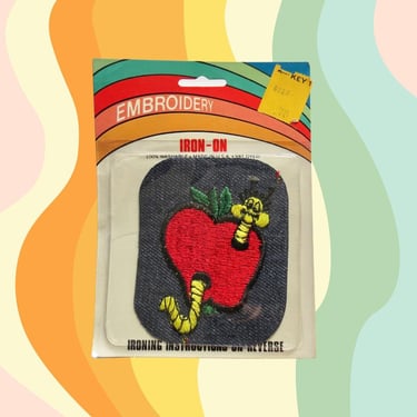 Vintage 70s Patch - Apple and Worm Denim Iron On Applique Emblem - Boho Hippie - 1970s Patches 