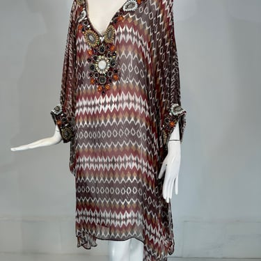 Oscar de la Renta S/S 2008 Silk Beaded Jewel Neck & Cuffs Tunic Caftan