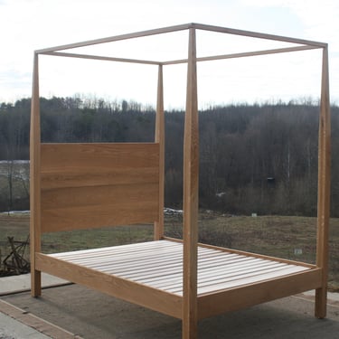 Ship Soon 3730 CbRnV2b White Oak Full or Double size Canopy Bed with vertical Head Board and 4 side Tapered Posts 