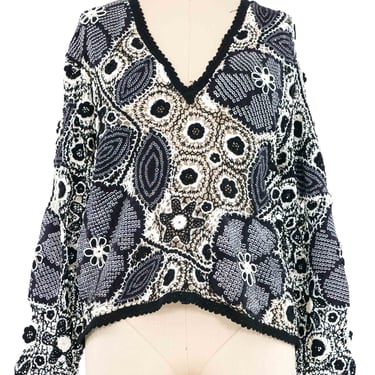 Black and White Shibori Applique Floral Crochet Top