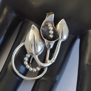 60's Modernist sterling calla lily brooch, oxidized 925 silver abstract flower & leaves pin 