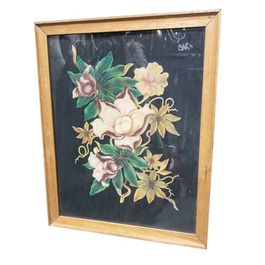 Airbrush Tropical Floral on Velvet Wood Rose by Iponoen Tuberson, Framed 